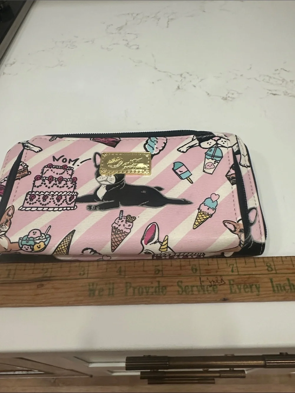 Betsey Johnson Pink Striped Dessert & Pug Zip Wallet